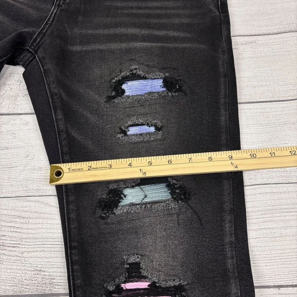 Embellish Mens Black Distressed Skinny Jeans With Colorful Patches Size 34 - Picture 10 of 16
